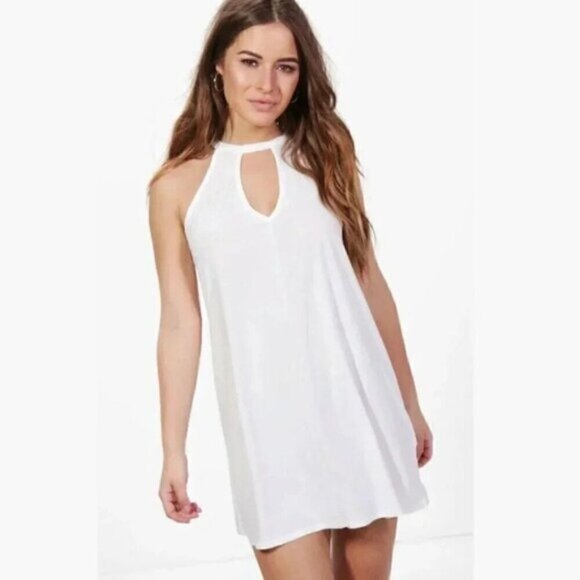 NWT Boohoo Petite Lorna Tie Neck Cut Out Swing Mini Dress Red Size 2 - Picture 2 of 11